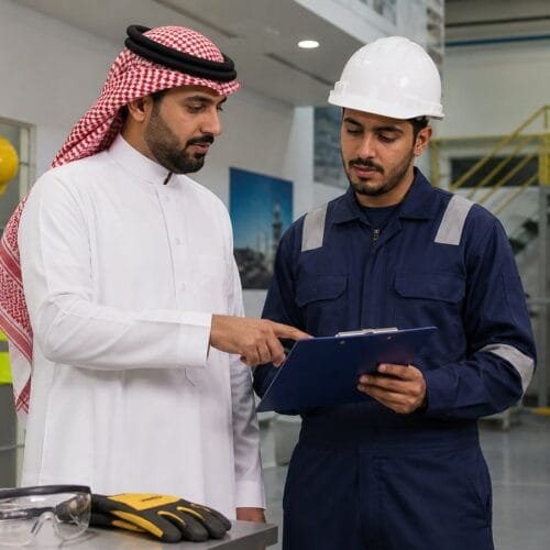 مدرب سعودي ومتدرب يراجعان قائمة تحقق للسلامة داخل منشأة تدريبية