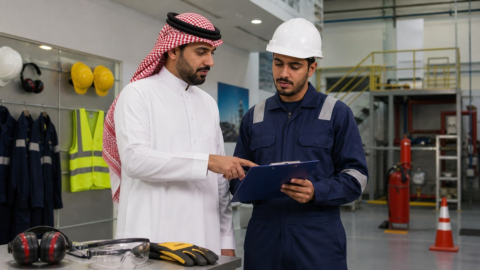 مدرب سعودي ومتدرب يراجعان قائمة تحقق للسلامة داخل منشأة تدريبية