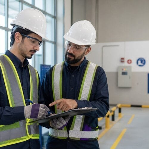 متدرب سعودي يتعلم تقييم مخاطر السلامة والصحة المهنية مع مدرب في الرياض