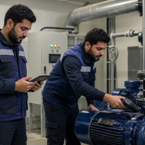 متدربان سعوديان يفحصان مضخة ويسجلان نتائج الصيانة الوقائية داخل غرفة خدمات حديثة