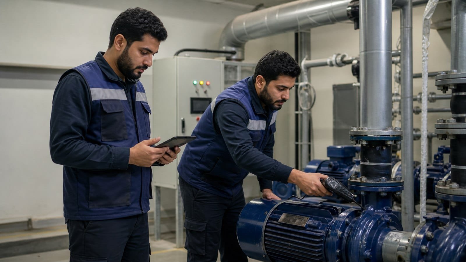 متدربان سعوديان يفحصان مضخة ويسجلان نتائج الصيانة الوقائية داخل غرفة خدمات حديثة