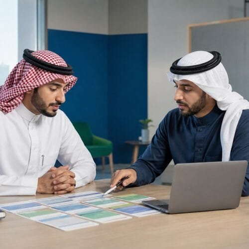 متدرب سعودي ومرشد أكاديمي يراجعان الخطة الدراسية للدبلوم داخل معهد مهني
