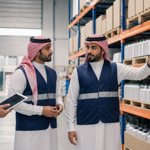 مدرب ومتدربان سعوديون يراجعون مستوى المخزون وتوقيت إعادة الطلب داخل مستودع حديث