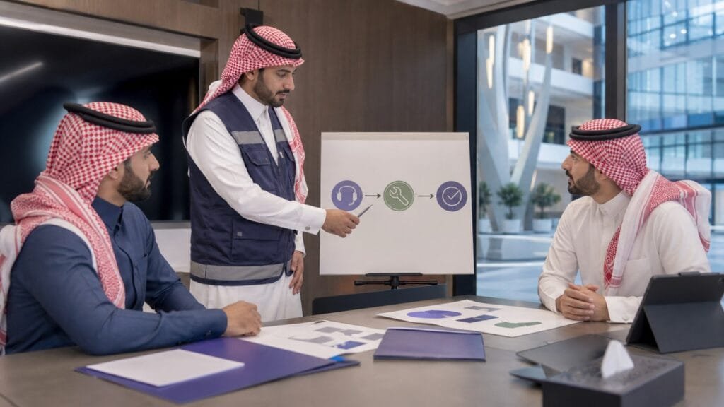 الاخبار 15 مدير مرافق ومدرب ومتدرب سعوديون يراجعون مسار الاستجابة والحل والتحقق من جودة الخدمة