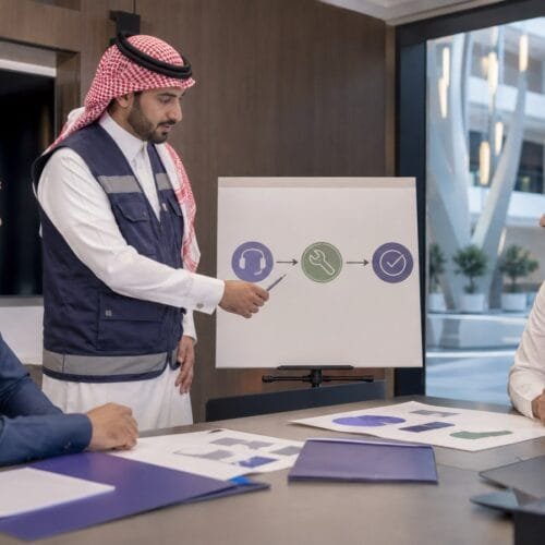 مدير مرافق ومدرب ومتدرب سعوديون يراجعون مسار الاستجابة والحل والتحقق من جودة الخدمة