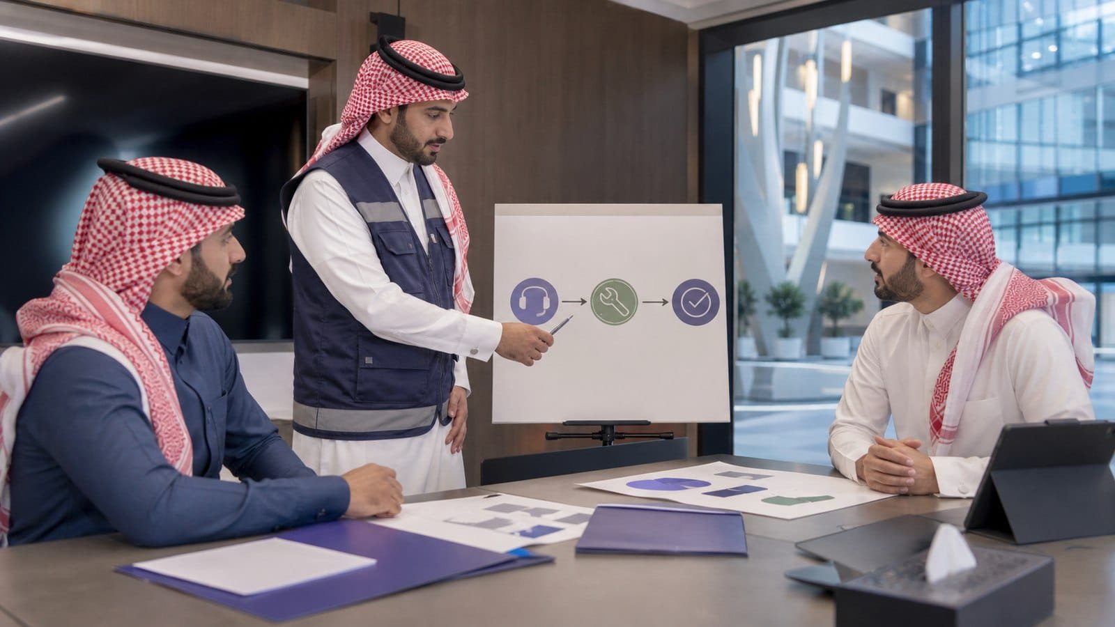 مدير مرافق ومدرب ومتدرب سعوديون يراجعون مسار الاستجابة والحل والتحقق من جودة الخدمة