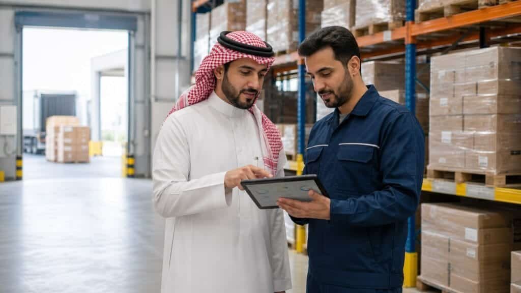الاخبار 27 متدرب سعودي ومشرف لوجستي يراجعان بيانات الطلب على جهاز لوحي داخل مستودع منظم