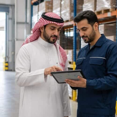 متدرب سعودي ومشرف لوجستي يراجعان بيانات الطلب على جهاز لوحي داخل مستودع منظم