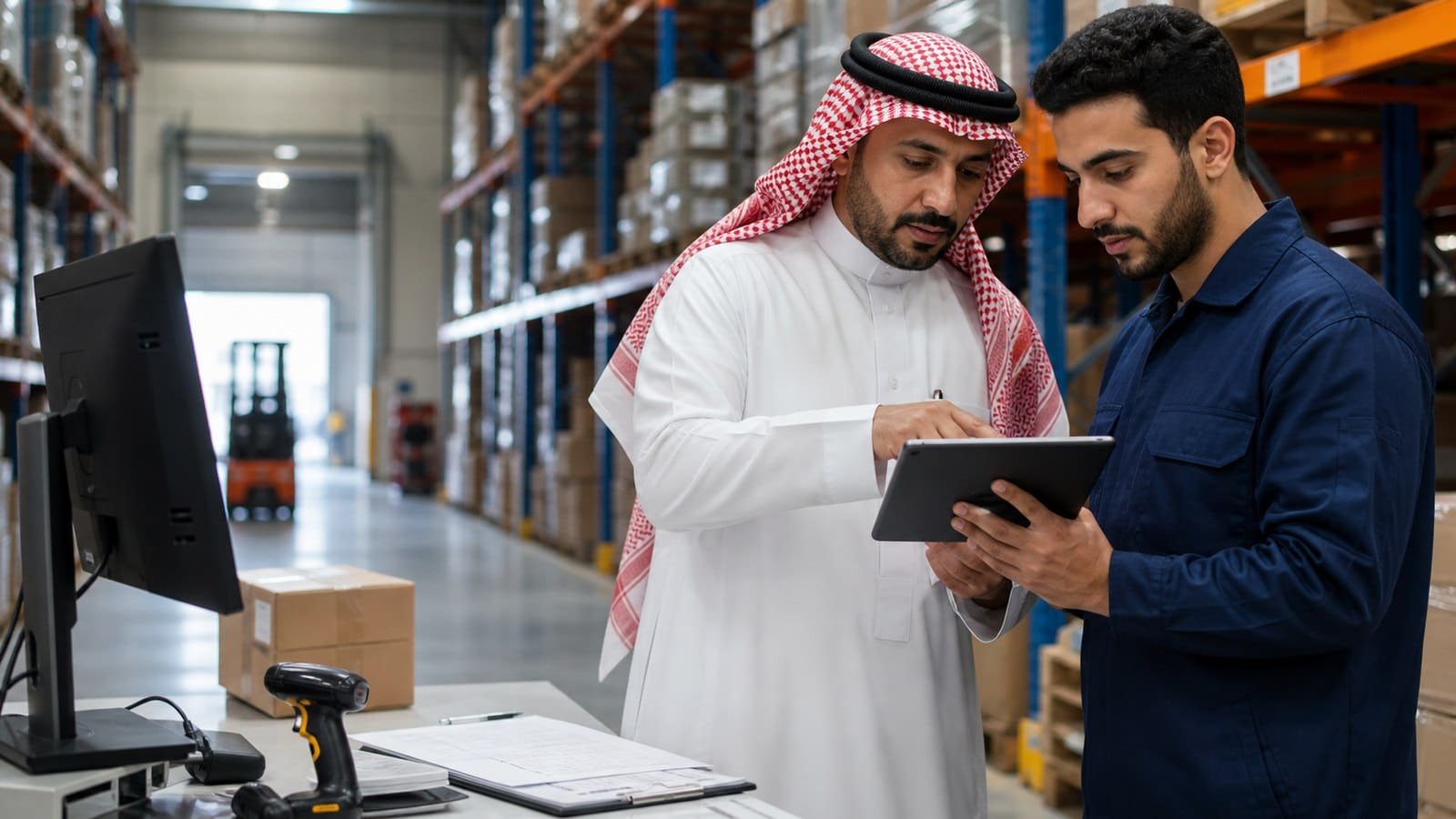 مدرب ومتدرب سعوديان يراجعان تدفق الشحنات داخل مستودع حديث