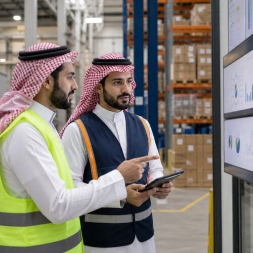 متدرب ومحلل لوجستي سعوديان يراجعان مؤشرات أداء سلسلة الإمداد داخل مستودع حديث