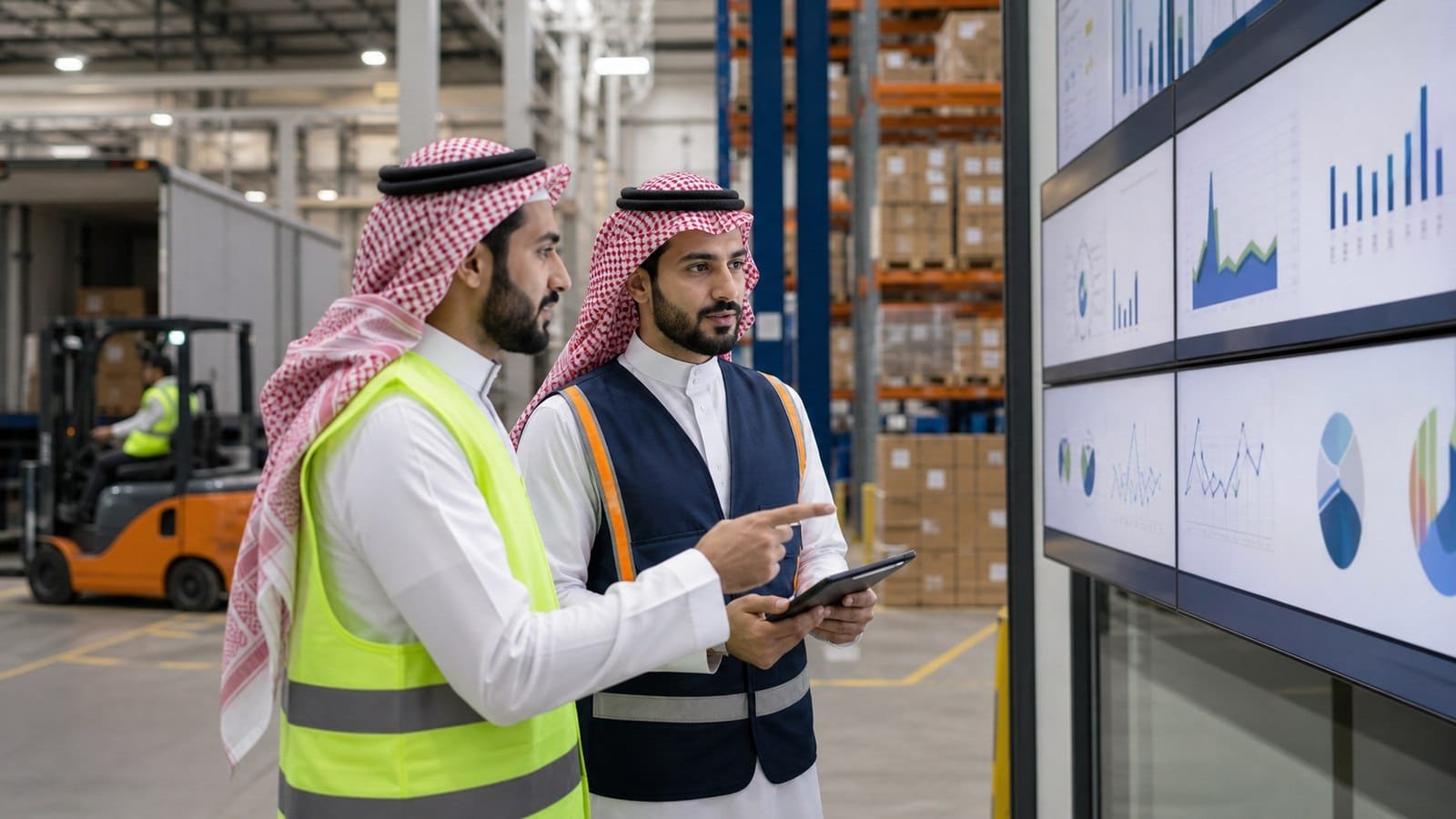 متدرب ومحلل لوجستي سعوديان يراجعان مؤشرات أداء سلسلة الإمداد داخل مستودع حديث