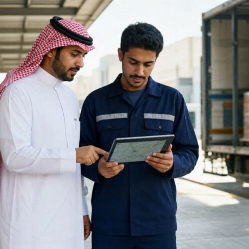 مشرف ومتدرب سعوديان يراجعان مسار نقل البضائع داخل مركز لوجستي