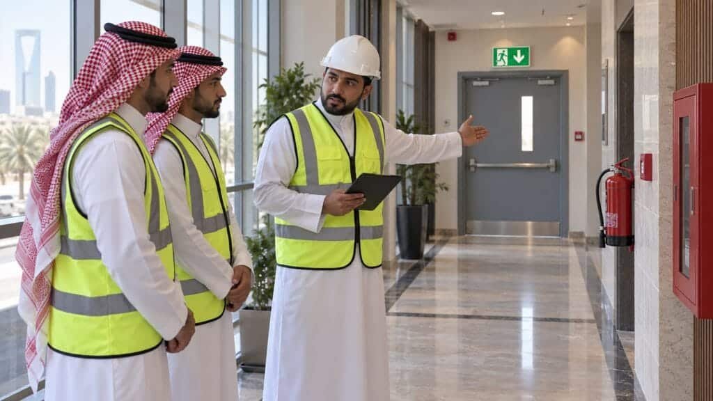 الاخبار 5 مفتش سلامة سعودي ومتدربان يراجعون مسار مخرج طوارئ خاليا داخل منشأة حديثة