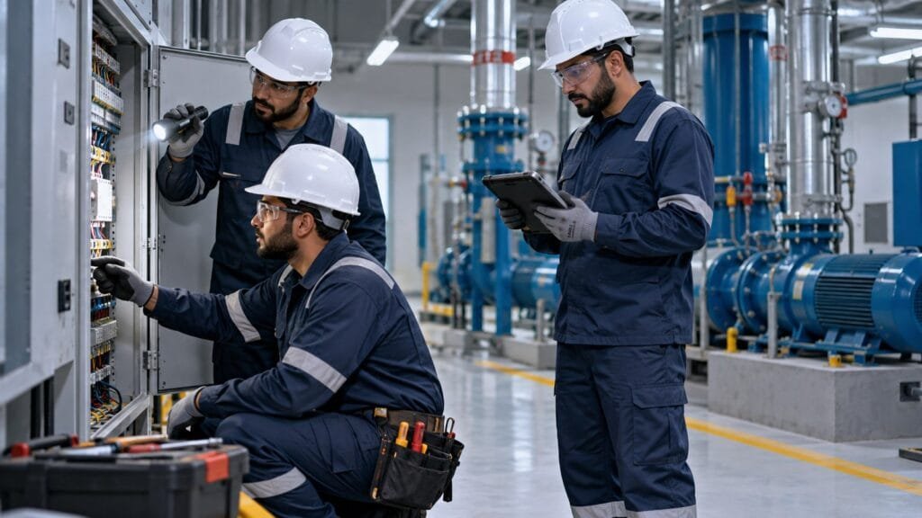 الاخبار 6 فني مرافق ومتدربان سعوديان يراجعون لوحة تحكم ومضخة وأمر عمل داخل غرفة خدمات