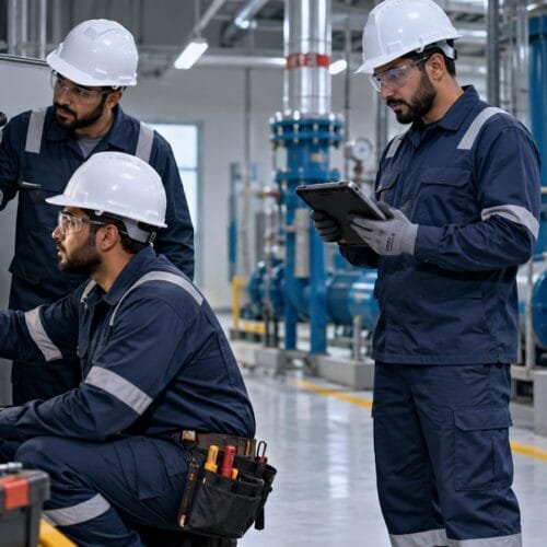 فني مرافق ومتدربان سعوديان يراجعون لوحة تحكم ومضخة وأمر عمل داخل غرفة خدمات