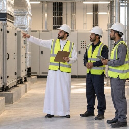 مشرف مرافق سعودي ومتدربان يقارنون أهمية وحدات تكييف ومضخات ثابتة داخل غرفة خدمات حديثة