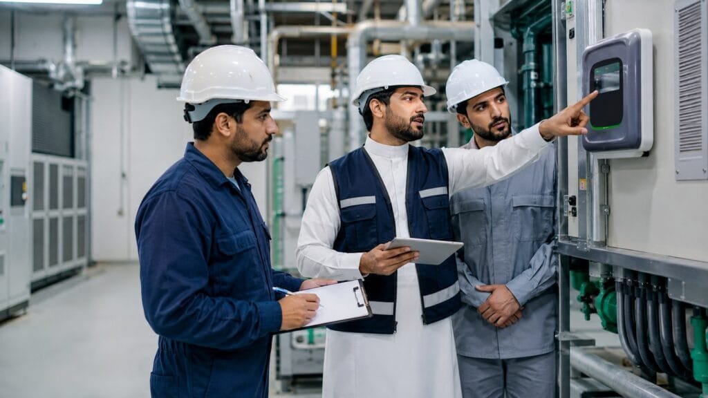الاخبار 10 مدير مرافق ومتدربان سعوديون يراجعون عداد الطاقة وأحمال التكييف داخل غرفة خدمات حديثة