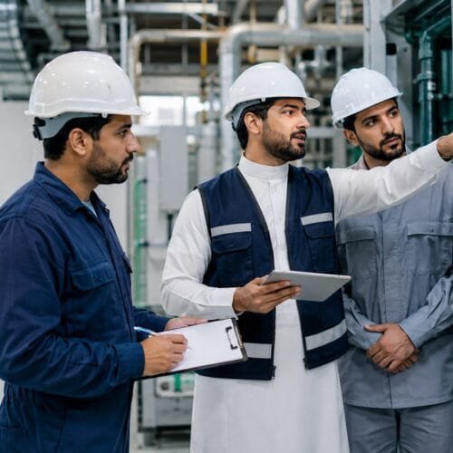 مدير مرافق ومتدربان سعوديون يراجعون عداد الطاقة وأحمال التكييف داخل غرفة خدمات حديثة