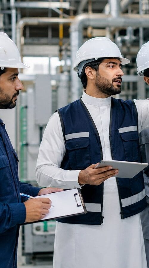 مدير مرافق ومتدربان سعوديون يراجعون عداد الطاقة وأحمال التكييف داخل غرفة خدمات حديثة