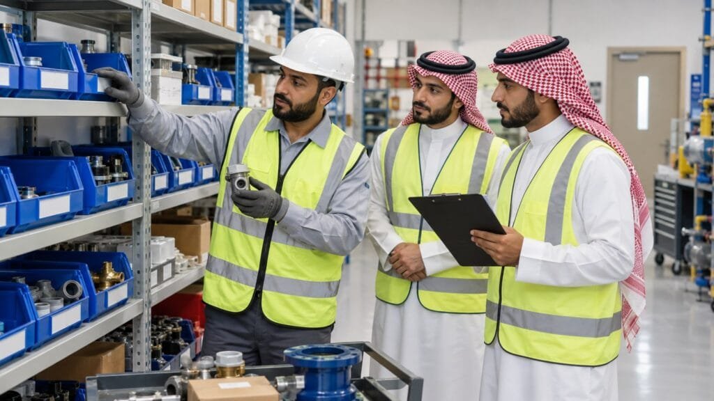 الاخبار 1 فني مرافق سعودي ومتدربان يراجعون رفوف قطع غيار وسجل مخزون داخل غرفة صيانة منظمة