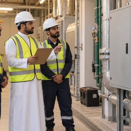 مشرف مرافق سعودي ومتدربان يراجعون أمر عمل ويفحصون وحدة تكييف ثابتة داخل غرفة خدمات حديثة