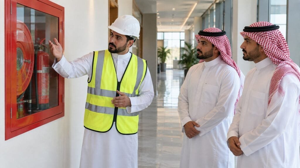 الاخبار 4 فني سلامة سعودي ومتدربان يراجعون طفاية حريق مثبتة في ممر منشأة حديثة