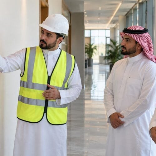 فني سلامة سعودي ومتدربان يراجعون طفاية حريق مثبتة في ممر منشأة حديثة