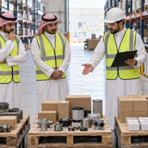 مشرف مخزون سعودي ومتدربان يصنفون مجموعات من مواد المستودع ويراجعون سجل الجرد