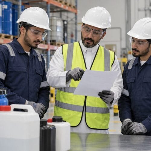 مدرب سلامة سعودي ومتدربان يراجعون بطاقة بيانات السلامة بجوار عبوات مغلقة في مستودع منظم