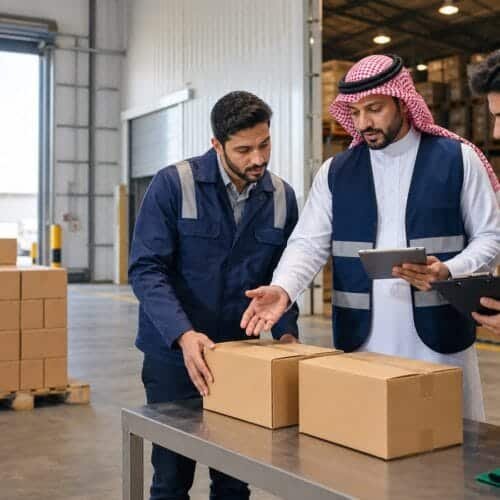مدرب ومتدربان سعوديون يقارنون جودة شحنتين ويجمعون بيانات تقييم المورد داخل مستودع حديث