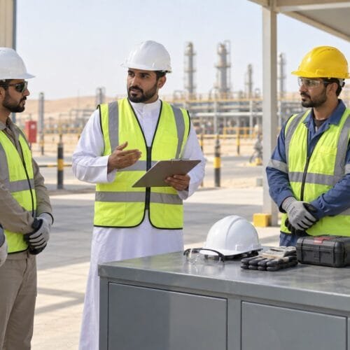 مشرف سلامة سعودي يقدم إحاطة قبل العمل لأربعة عاملين في منطقة تجمع آمنة داخل موقع صناعي