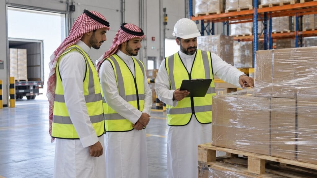 الاخبار 3 مشرف مخزون سعودي ومتدربان يراجعون منصة بضائع ومستند استلام داخل مستودع حديث