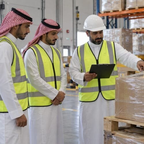 مشرف مخزون سعودي ومتدربان يراجعون منصة بضائع ومستند استلام داخل مستودع حديث