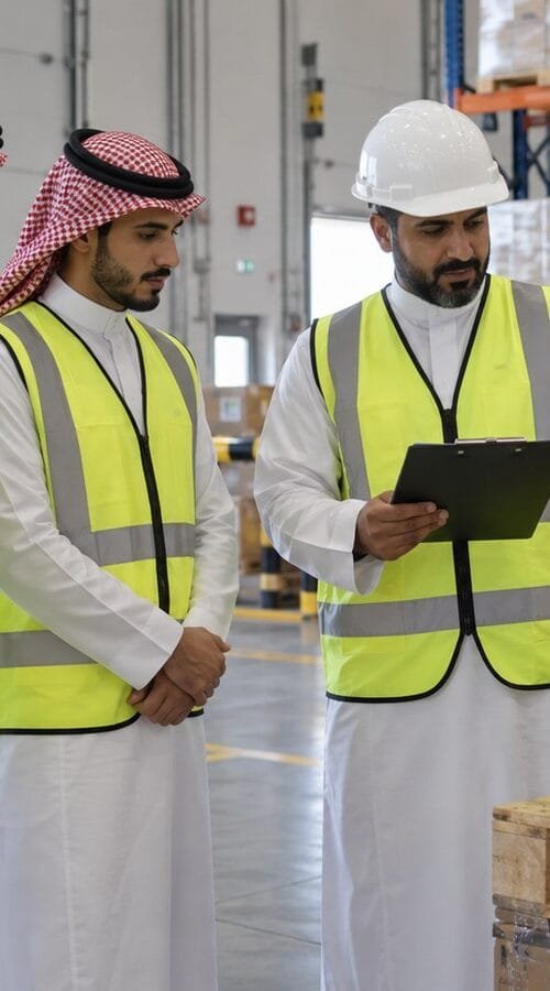 مشرف مخزون سعودي ومتدربان يراجعون منصة بضائع ومستند استلام داخل مستودع حديث