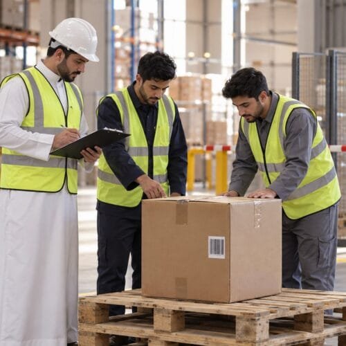 مشرف مستودع سعودي ومتدربان يفحصون طردًا مرتجعًا في منطقة عزل داخل مستودع حديث