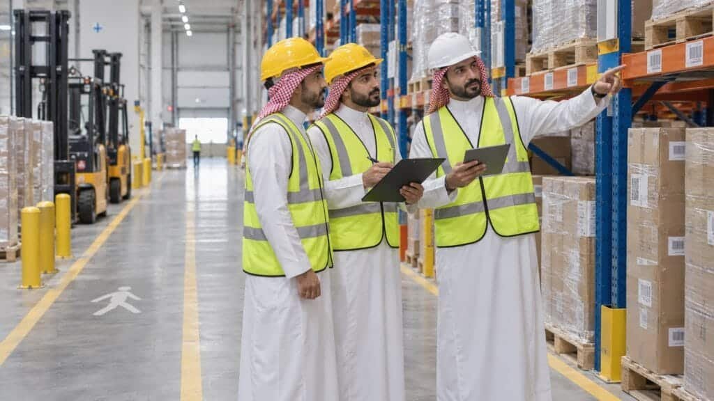 الاخبار 7 مشرف مستودع ومتدربان سعوديان يراجعون مواقع الرفوف والطرود ومسار الحركة داخل مستودع منظم