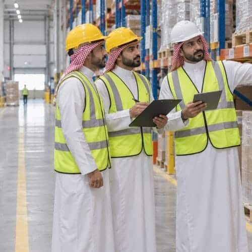 مشرف مستودع ومتدربان سعوديان يراجعون مواقع الرفوف والطرود ومسار الحركة داخل مستودع منظم