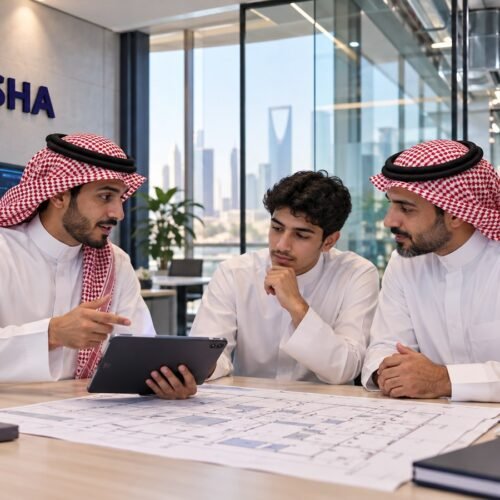 طالب سعودي وولي أمره يناقشان تنظيم خدمات المبنى ضمن دبلوم إدارة المرافق بالرياض مع مدرب