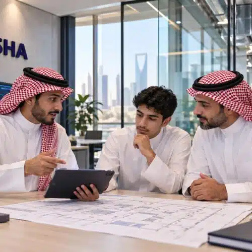 طالب سعودي وولي أمره يناقشان تنظيم خدمات المبنى ضمن دبلوم إدارة المرافق بالرياض مع مدرب