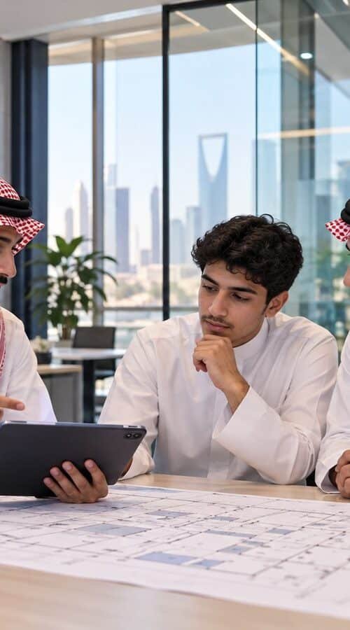 طالب سعودي وولي أمره يناقشان تنظيم خدمات المبنى ضمن دبلوم إدارة المرافق بالرياض مع مدرب