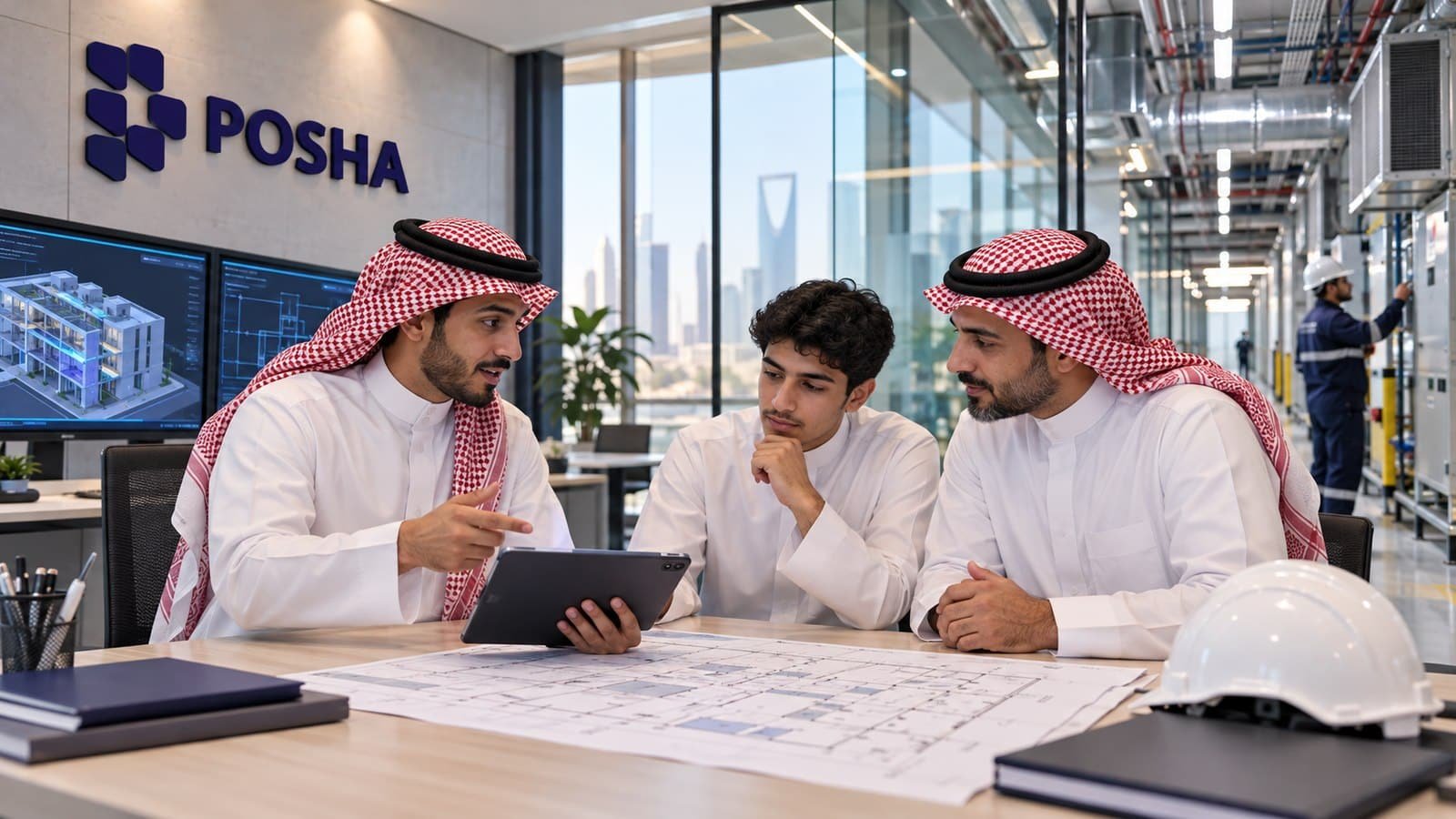 طالب سعودي وولي أمره يناقشان تنظيم خدمات المبنى ضمن دبلوم إدارة المرافق بالرياض مع مدرب