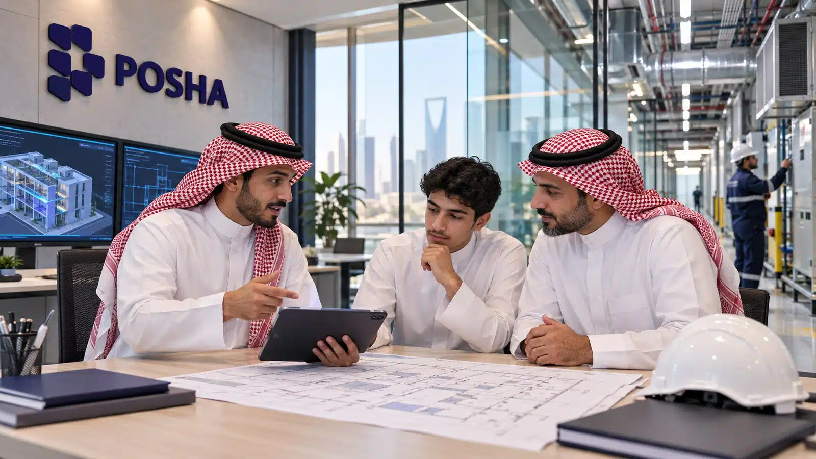 طالب سعودي وولي أمره يناقشان تنظيم خدمات المبنى ضمن دبلوم إدارة المرافق بالرياض مع مدرب