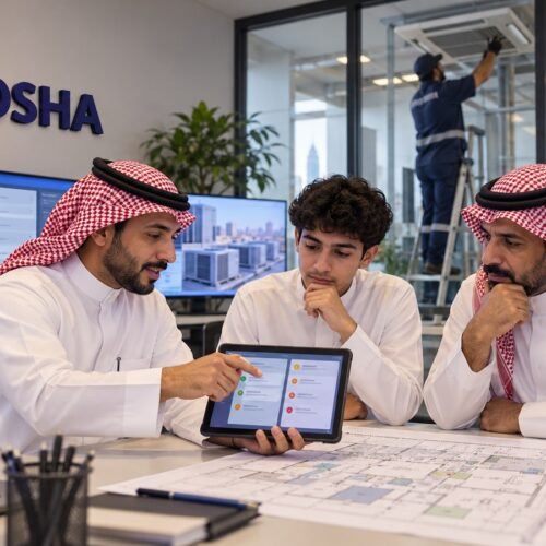 طالب سعودي وولي أمره يناقشان ترتيب أولويات بلاغات المبنى في دبلوم إدارة المرافق مع مدرب