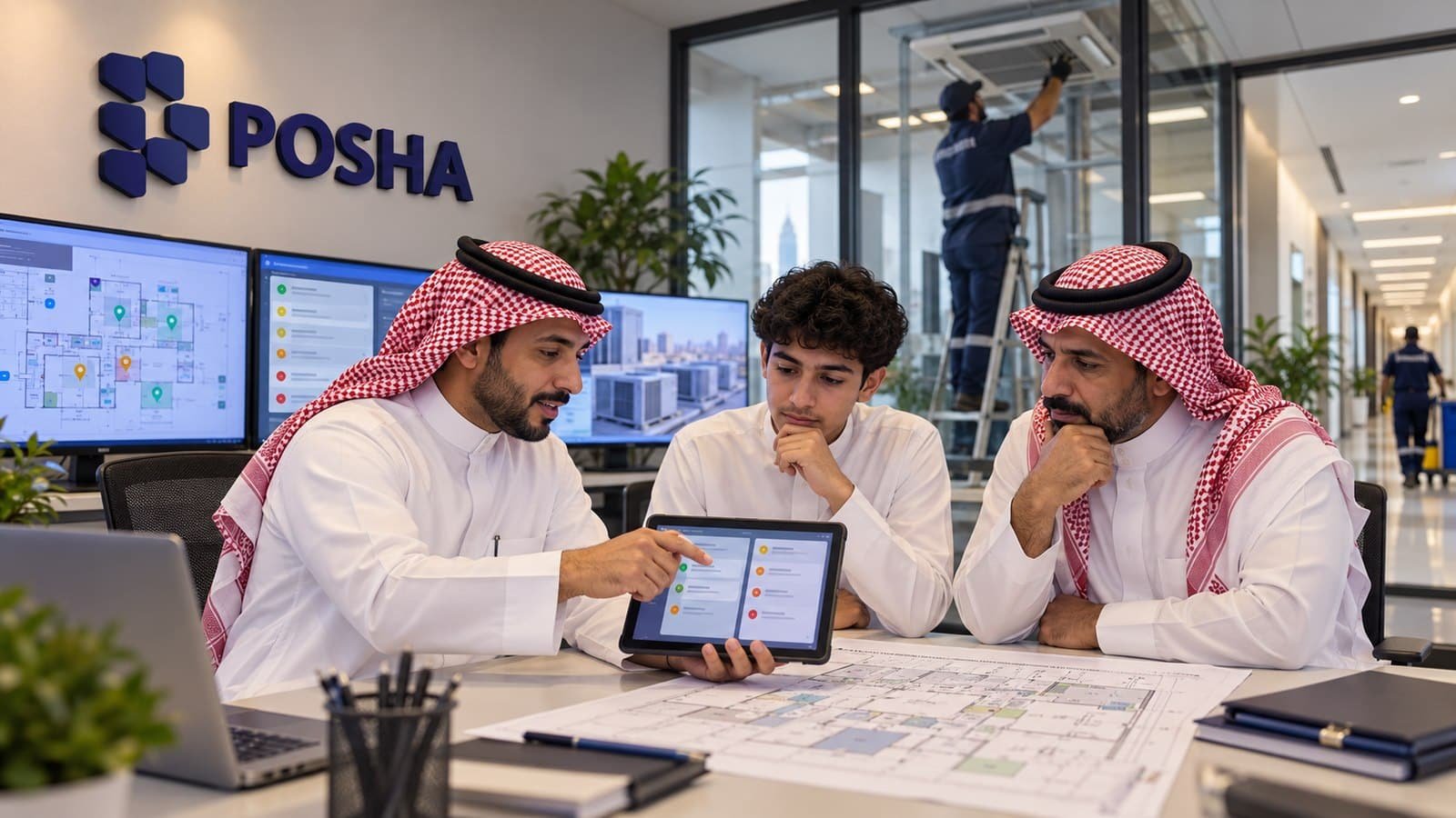 طالب سعودي وولي أمره يناقشان ترتيب أولويات بلاغات المبنى في دبلوم إدارة المرافق مع مدرب