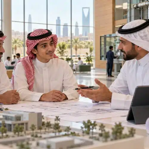 طالب سعودي وولي أمره يناقشان دبلوم إدارة المرافق بالرياض مع مستشار تعليمي في أكاديمية بوشا