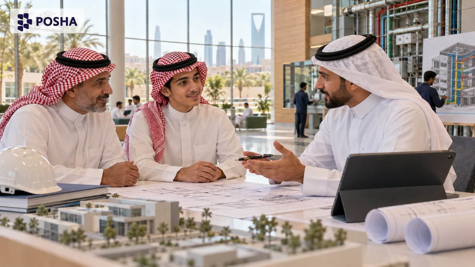 طالب سعودي وولي أمره يناقشان دبلوم إدارة المرافق بالرياض مع مستشار تعليمي في أكاديمية بوشا