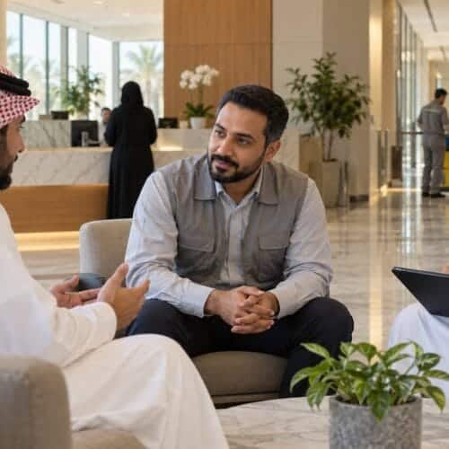 مشرف مرافق سعودي يستمع إلى مستخدم للمرفق وزميله يوثق الملاحظة على جهاز لوحي داخل بهو حديث