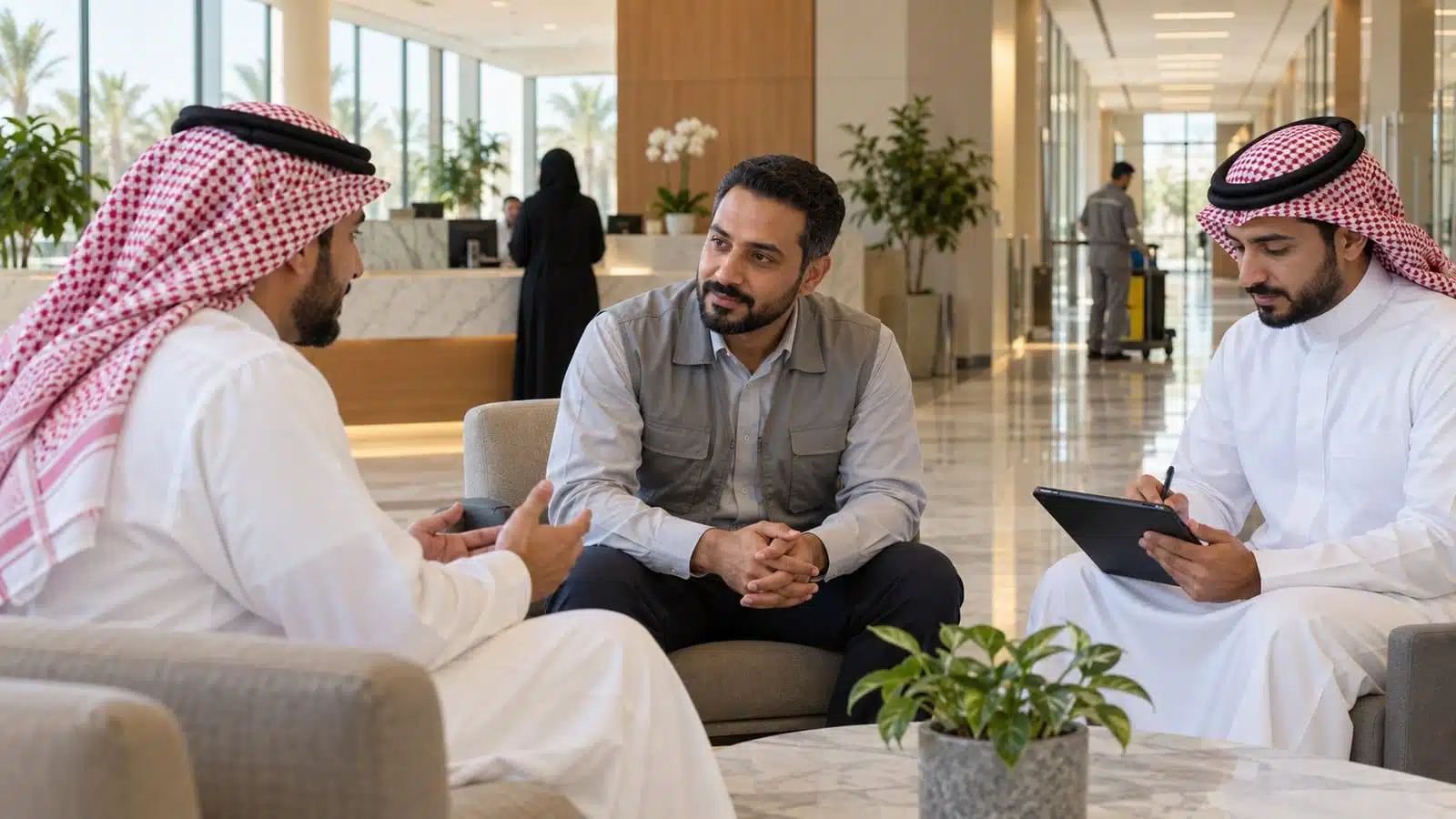 مشرف مرافق سعودي يستمع إلى مستخدم للمرفق وزميله يوثق الملاحظة على جهاز لوحي داخل بهو حديث