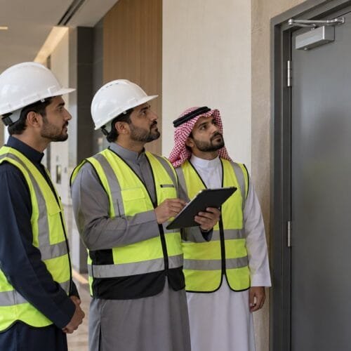 مشرف سعودي ومتدربان يراجعون باب حريق مغلقًا وإطار الباب في ممر مرفق حديث