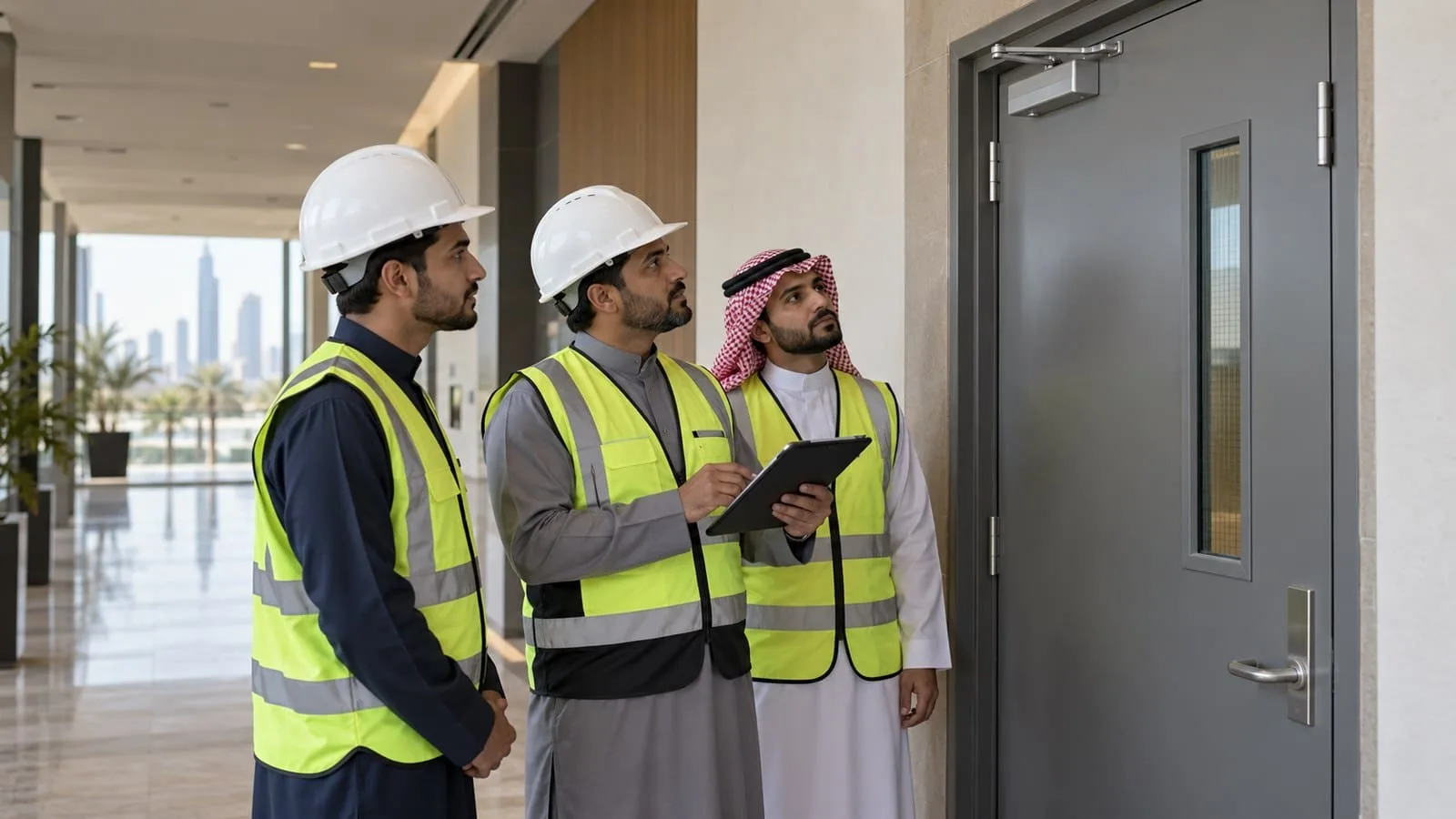 مشرف سعودي ومتدربان يراجعون باب حريق مغلقًا وإطار الباب في ممر مرفق حديث